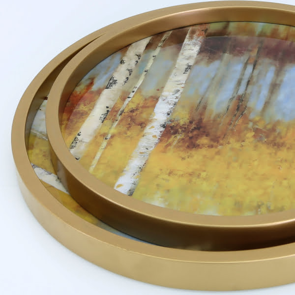 Gold Wood Abstract Tray Set